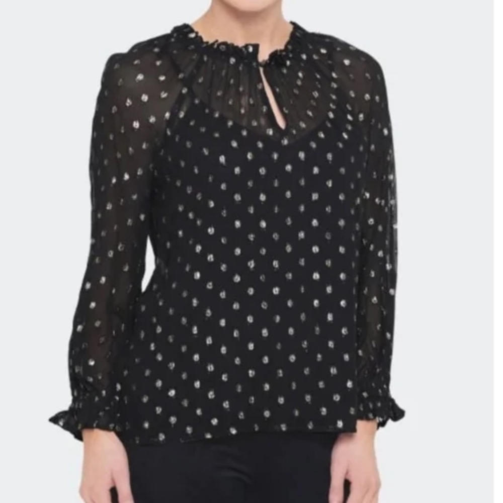 Velvet by Graham & Spencer Sheer Chiffon Jorie Blouse Black Sz M Polka Dotted